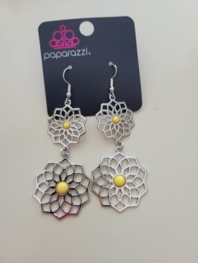 Paparazzi Silver & Yellow Floral Drop Earrings - Women Jewelry